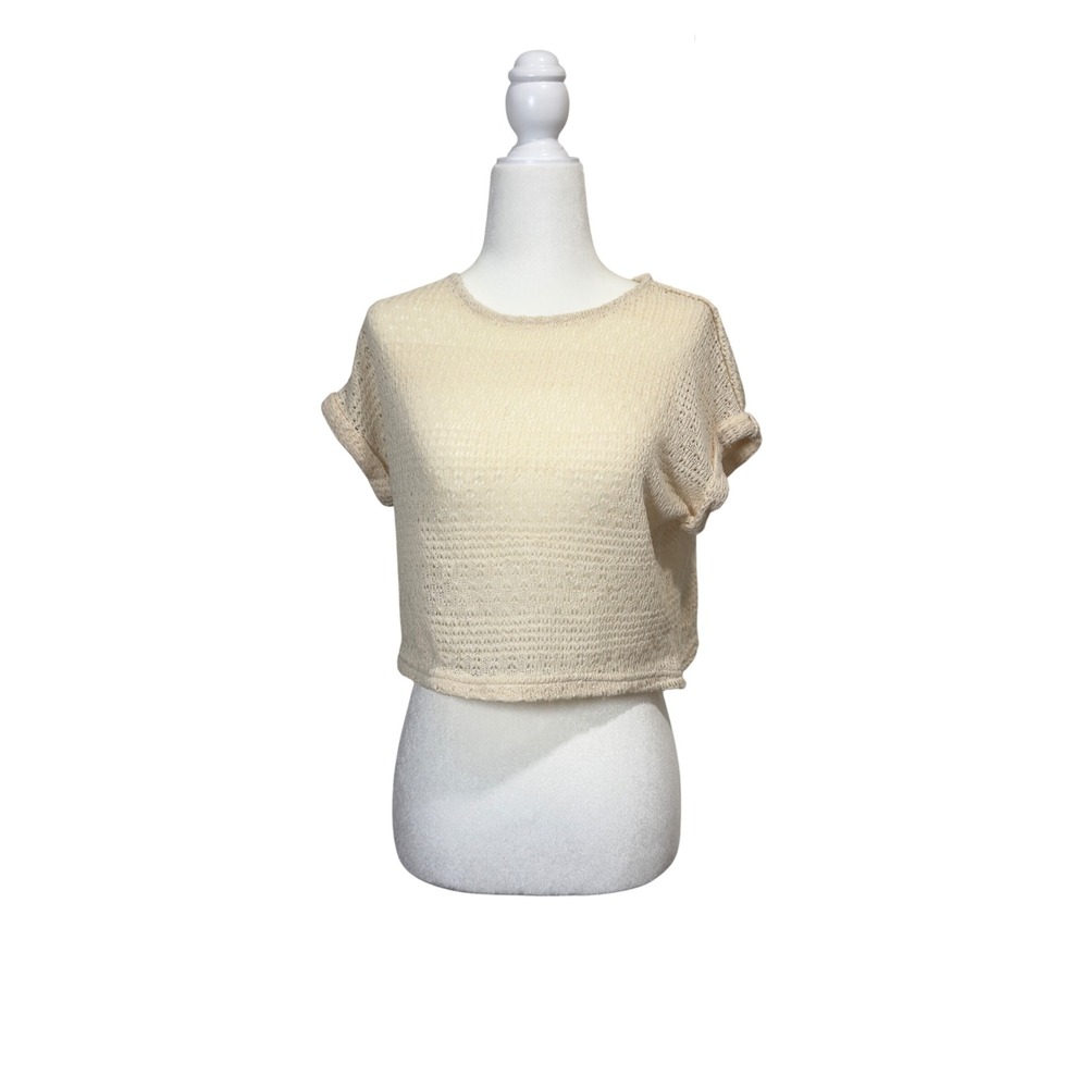 Cream Open Knit Crop Top Short Sleeve Crew Neck Ivory Sweater Tee Womens